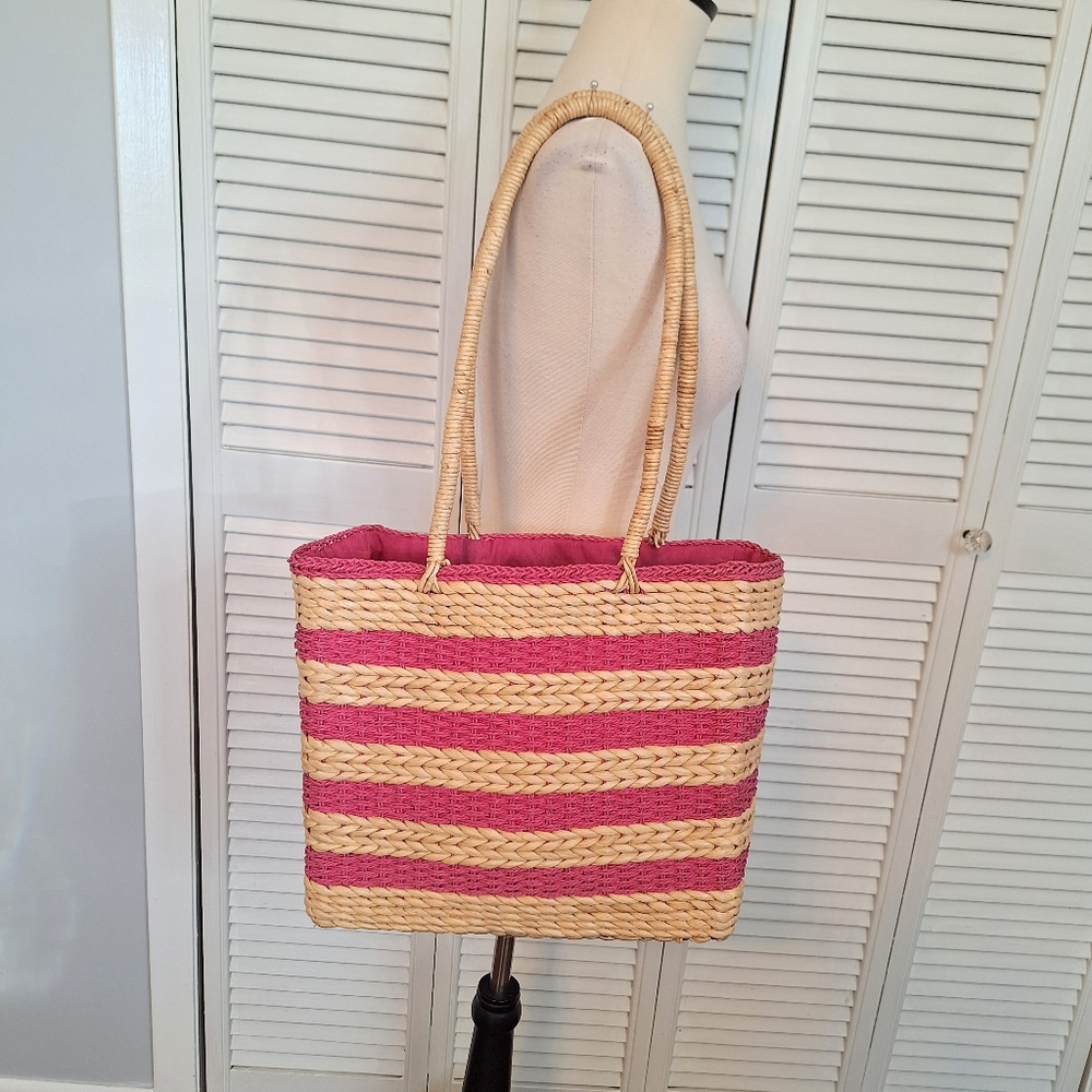 Xl pink stripe straw purse shoulder bag - Picture 5 of 5